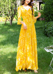 Cute Yellow Ruffled Print Slim Chiffon Maxi Holiday Dress Spring