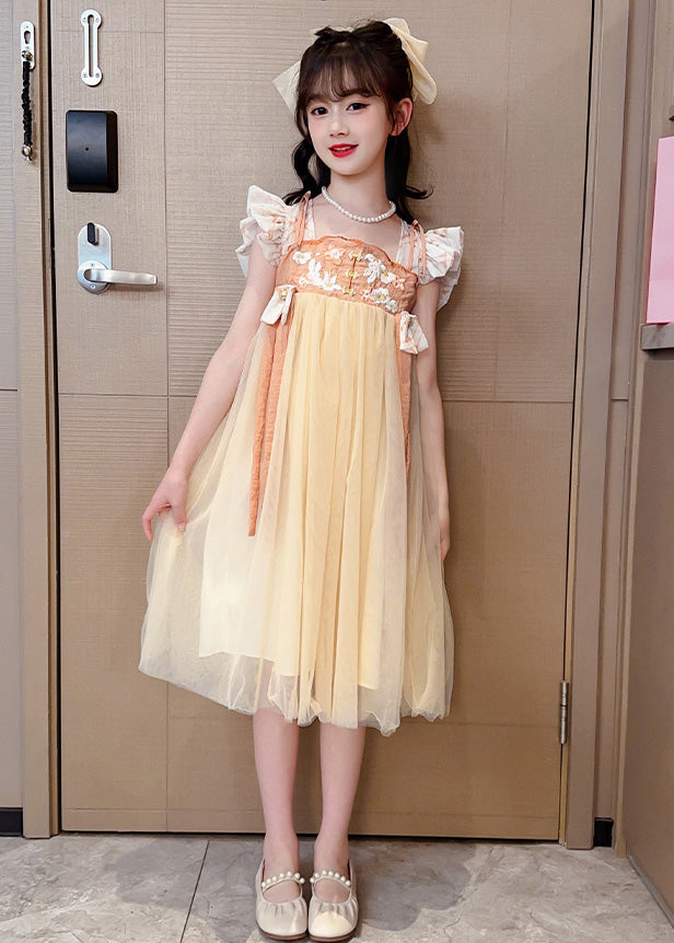 Cute Yellow Slash Neck Embroideried Patchwork Tulle Kids Long Dress Summer