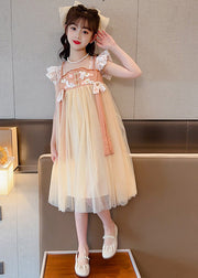 Cute Yellow Slash Neck Embroideried Patchwork Tulle Kids Long Dress Summer