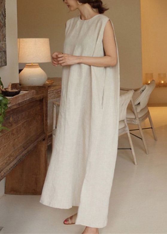 DIY Apricot O-Neck Linen Long Dresses Summer