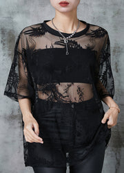 DIY Black Embroidered Tulle Shirt Top Summer