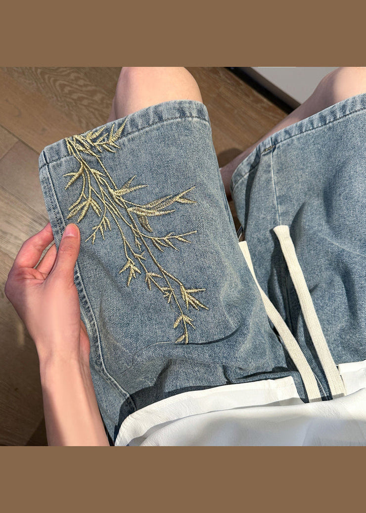 DIY Black Embroideried Pockets Denim Shorts Men Apparel Summer