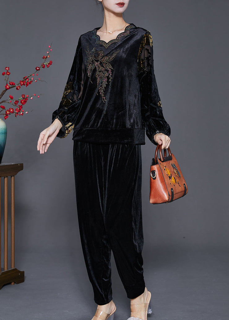 DIY Black Hollow Out Zircon Silk Velour 2 Piece Outfit Fall