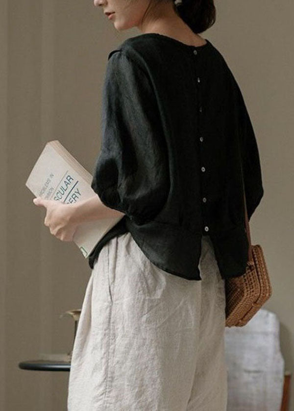 DIY Black O Neck Patchwork Back Side Open Linen Shirt Top Summer