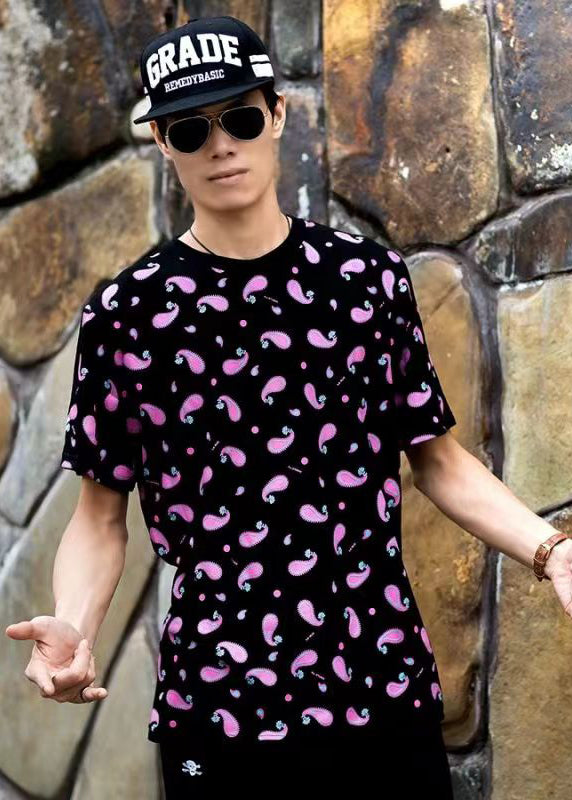 DIY Black O Neck Print Cotton T Shirts Men Apparel Summer