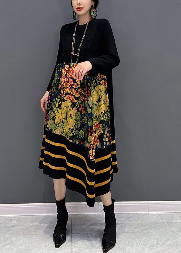 DIY Black O-Neck Print Striped Patchwork Knit Long Dresses Fall