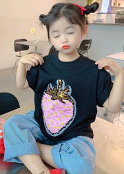 DIY Black O-Neck Strawberry Print Girls T Shirt Short Sleeve