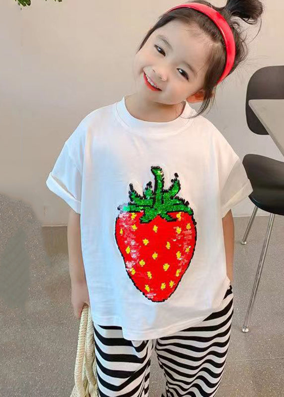 DIY Black O-Neck Strawberry Print Girls T Shirt Short Sleeve