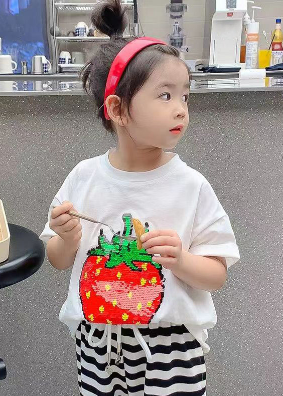 DIY Black O-Neck Strawberry Print Girls T Shirt Short Sleeve