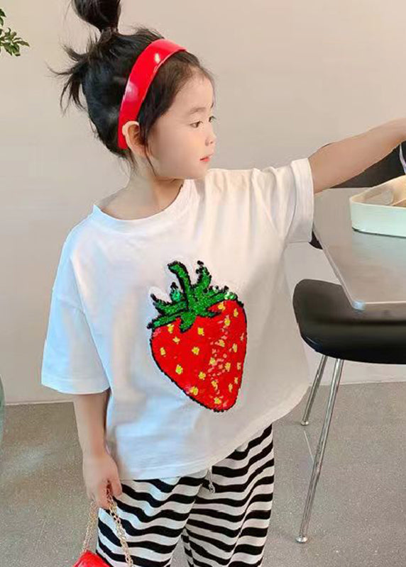 DIY Black O-Neck Strawberry Print Girls T Shirt Short Sleeve