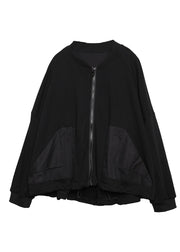 DIY Black O-Neck Zippered Pockets Cotton Coats Long Sleeve