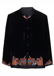 DIY Black Stand Collar Embroideried Silk Velour Coats Fall