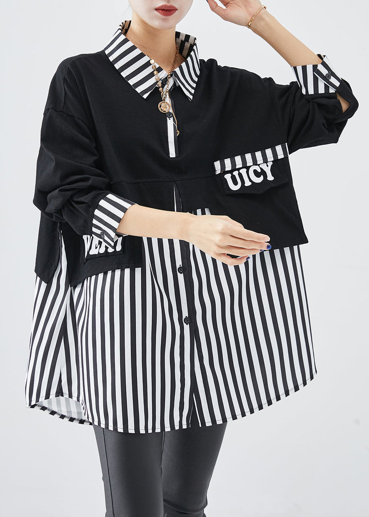 DIY Black Striped Patchwork Cotton Sweatshirt Streetwear Fall