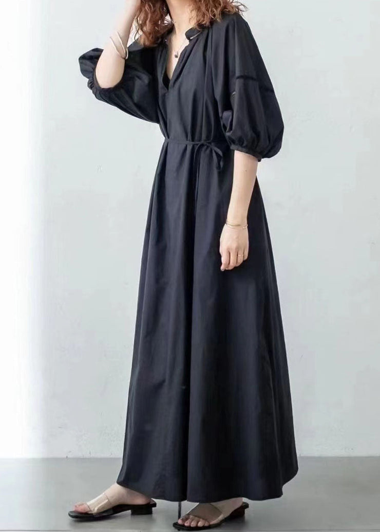 DIY Black V Neck Hollow Out Patchwork Cotton Dress Lantern Sleeve