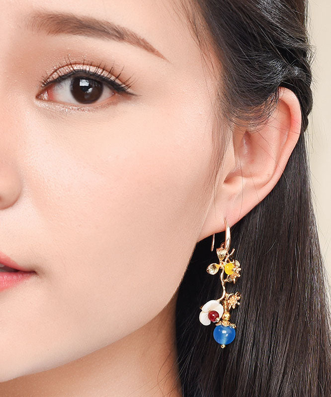 DIY Blue Agate Plum Blossom Branch 14K Gold Stud Earrings