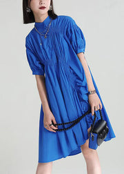 DIY Blue Asymmetrical Wrinkled Applique Cotton Robe Dresses Short Sleeve