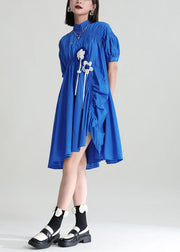 DIY Blue Asymmetrical Wrinkled Applique Cotton Robe Dresses Short Sleeve