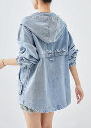 DIY Blue Hooded Letter Embroidered Denim Coat Fall