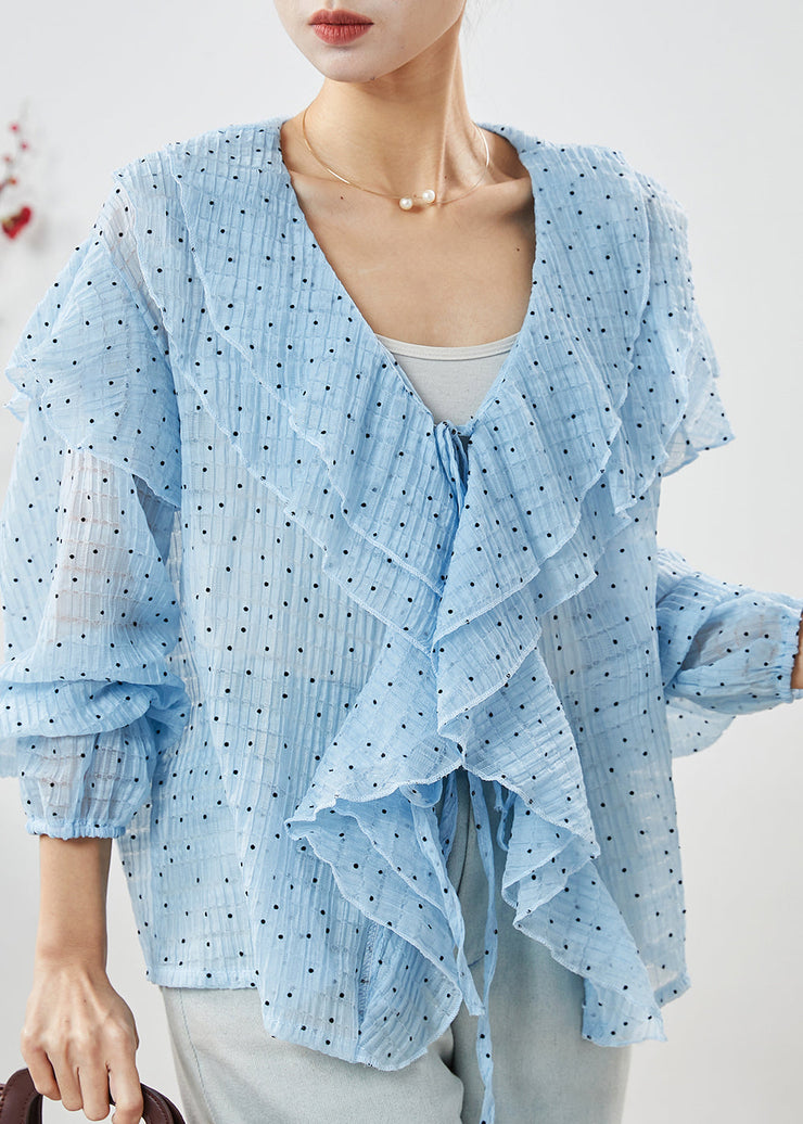 DIY Blue Ruffled Lace Up Chiffon Shirt Spring