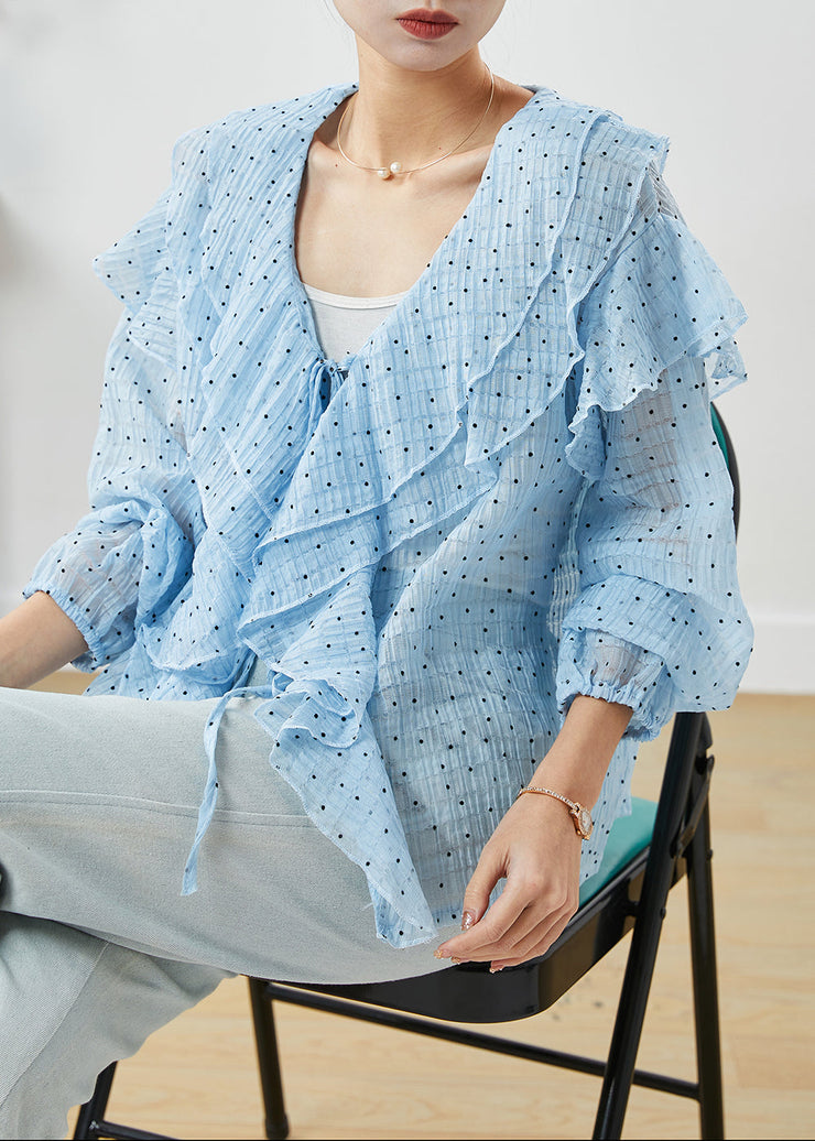 DIY Blue Ruffled Lace Up Chiffon Shirt Spring