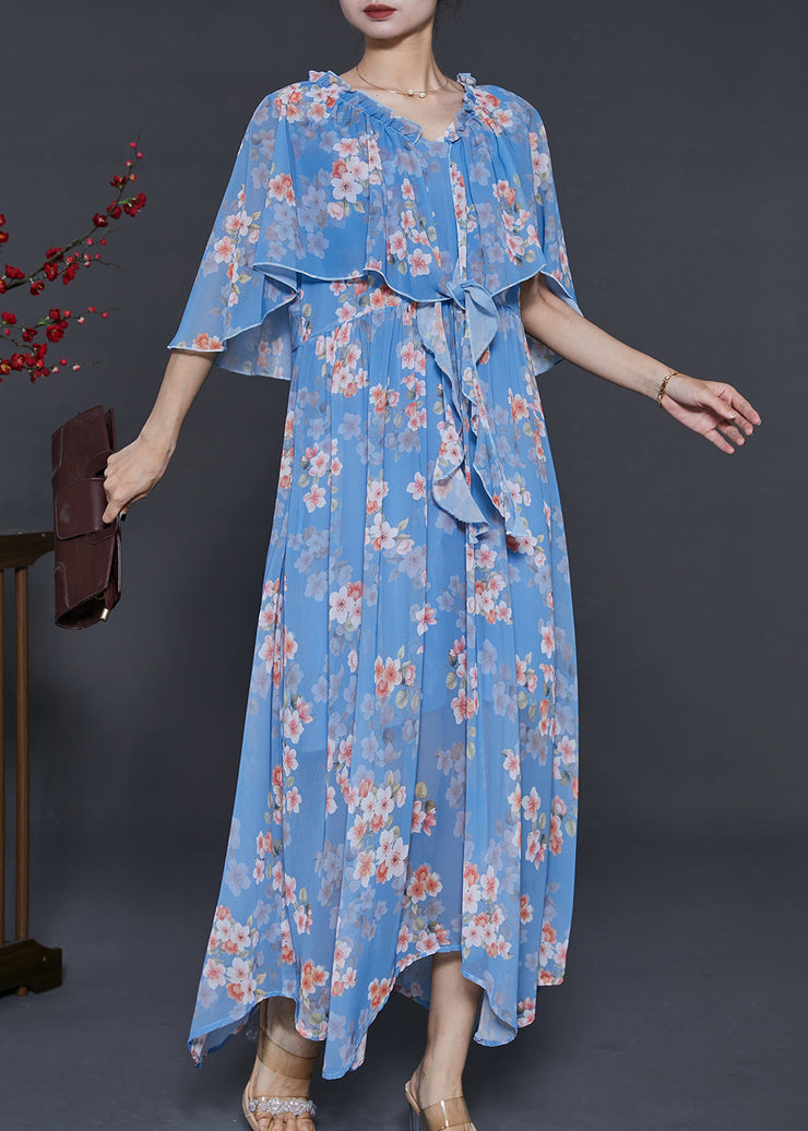 DIY Blue Ruffled Print Chiffon Vacation Dresses Cloak Sleeves