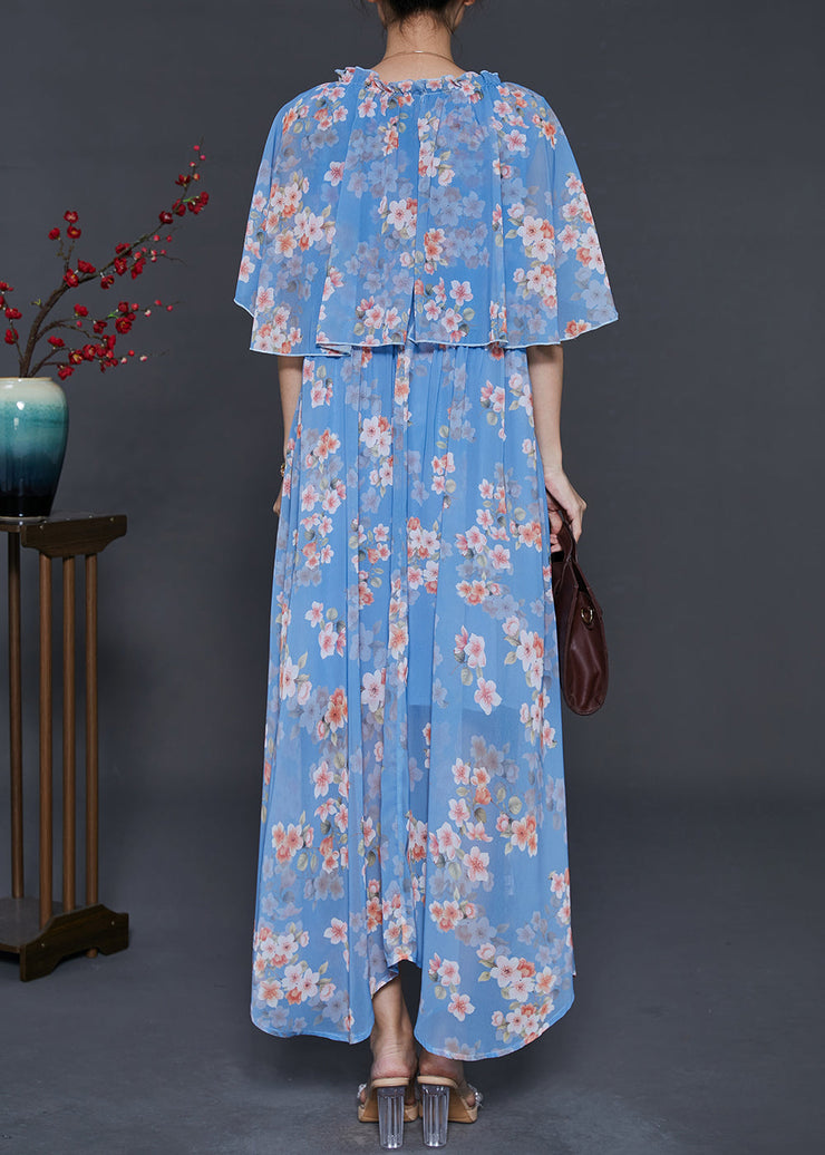 DIY Blue Ruffled Print Chiffon Vacation Dresses Cloak Sleeves