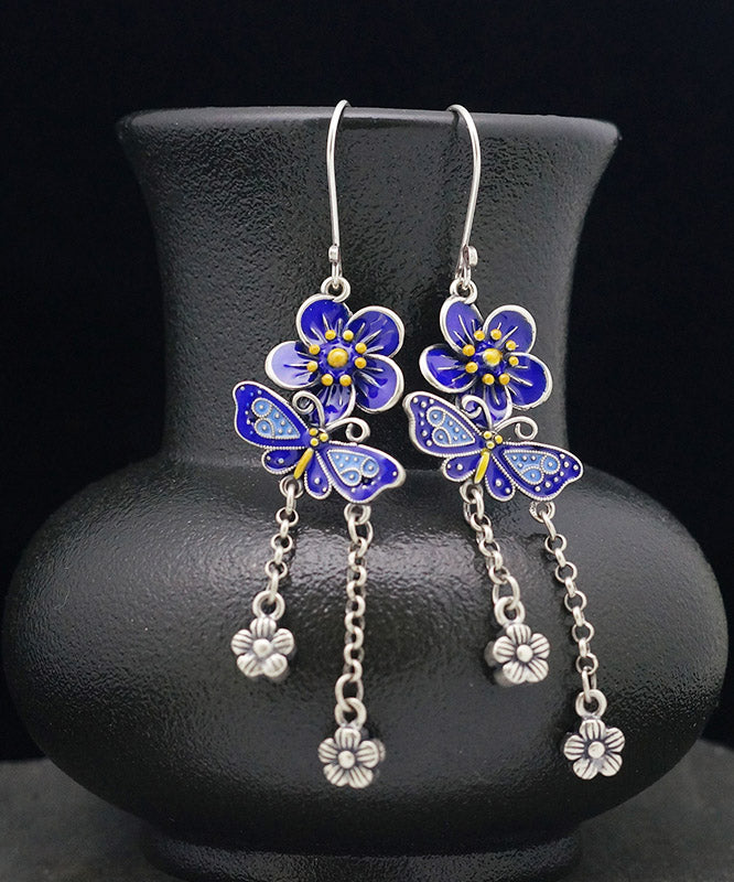 DIY Blue Sterling Silver Butterfly Floral Tassel Drop Earrings