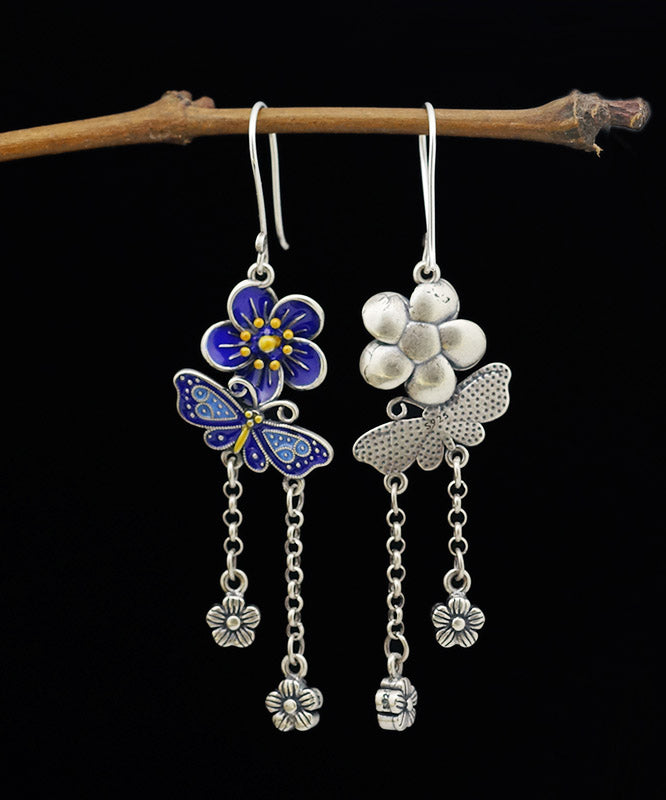 DIY Blue Sterling Silver Butterfly Floral Tassel Drop Earrings