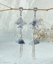 DIY Blue Sterling Silver Zircon Pearl Floral Tassel Drop Earrings