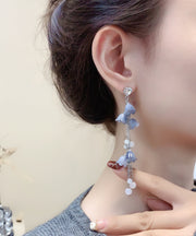 DIY Blue Sterling Silver Zircon Pearl Floral Tassel Drop Earrings