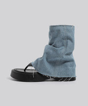 DIY Blue Thong Sandals Denim Retro Splicing Boots Zippered