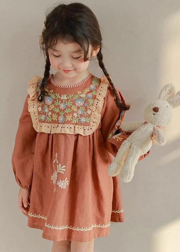 DIY Brick Red Embroideried Hollow Out Kids Mid Dress Fall