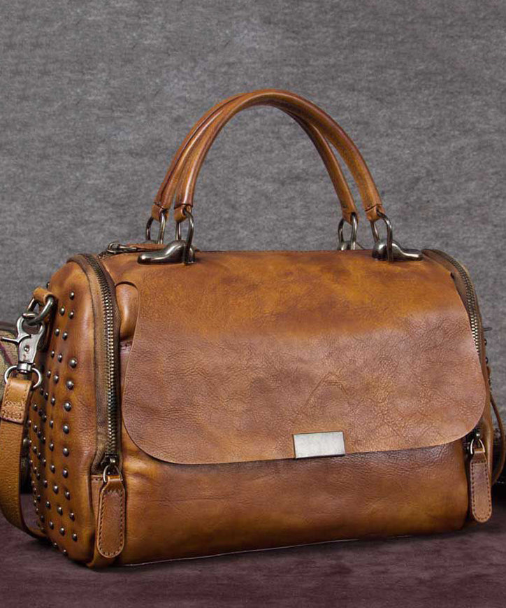 DIY Brown High-capacity Rivet Calf Leather Tote Handbag