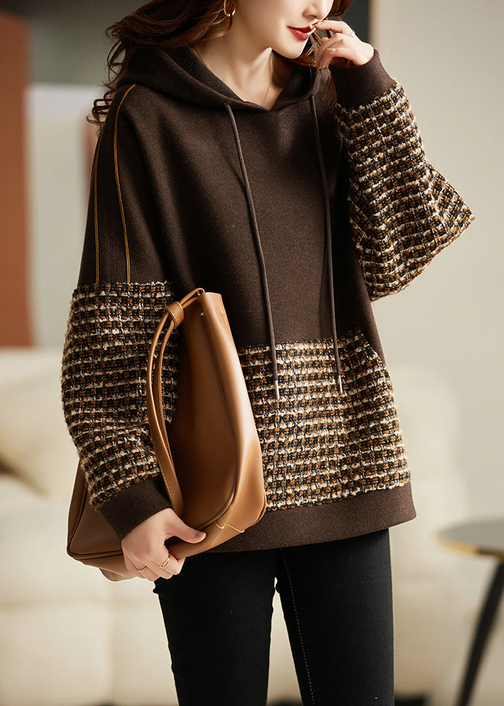 DIY Brown Hooded Patchwork Cotton Sweatshirt Streetwear Spring