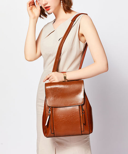 DIY Brown Large Capacity Calf Leather Backpack Bag