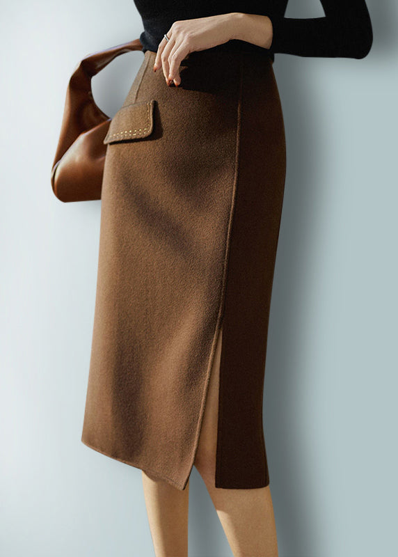 DIY Chocolate Colour Pockets Patchwork Zippered High Waist Woolen Skirt Fall