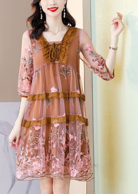 DIY Chocolate Embroideried Ruffled Lace Up Organza Dresses Half Sleeve