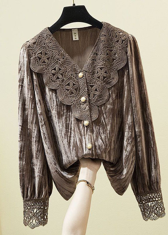 DIY Chocolate V Neck Lace Patchwork Silk Velour Shirt Long Sleeve