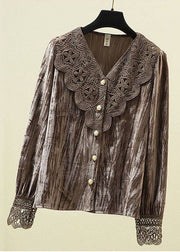 DIY Chocolate V Neck Lace Patchwork Silk Velour Shirt Long Sleeve