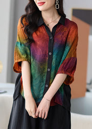 DIY Colorblock Peter Pan Collar Button Patchwork Silk Shirts Summer