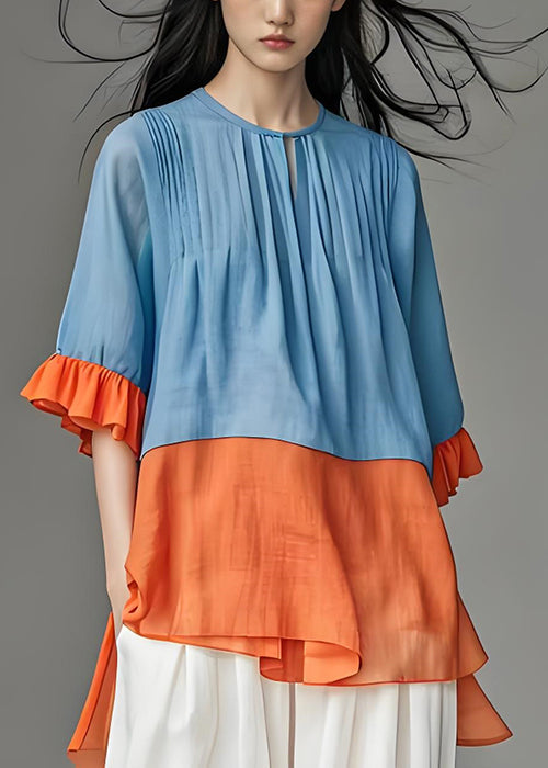 DIY Colorblock Wrinkled Low High Design Cotton Top Butterfly Sleeve