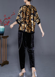 DIY Golden Floral Oversized Zircon Silk Velour Two Pieces Set Summer