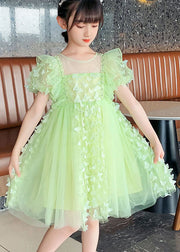 DIY Green Ruffled Butterfly Patchwork Tulle Kids Girls Mid Dress Summer