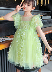 DIY Green Ruffled Butterfly Patchwork Tulle Kids Girls Mid Dress Summer