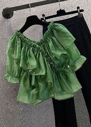 DIY Green Ruffled Patchwork Chiffon Blouses Summer