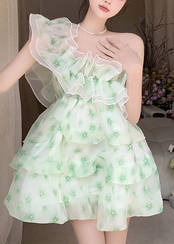 DIY Green Slash Neck Print Tulle Mid Dress Summer