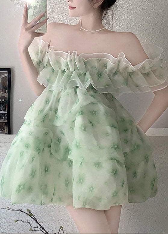 DIY Green Slash Neck Print Tulle Mid Dress Summer