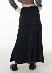 DIY Grey Patchwork Elastic Waist Drawstring Denim Maxi Skirts Fall