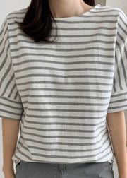 DIY Grey Striped O Neck Cotton T Shirt Tops Puff Sleeve