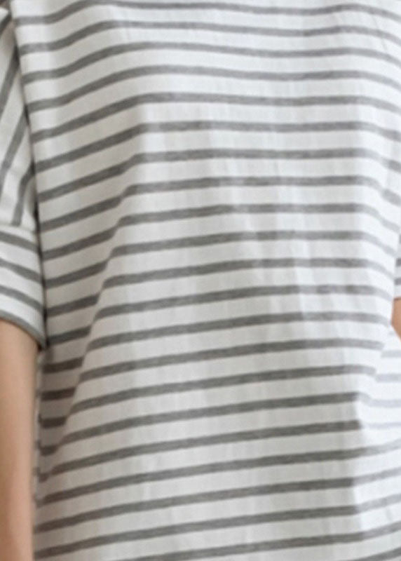 DIY Grey Striped O Neck Cotton T Shirt Tops Puff Sleeve